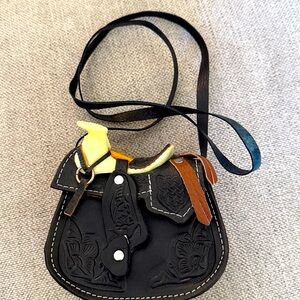 Miniature Black Tooled Leather Cowboy Horse Saddle Purse Crossbody Bag Cowgirl